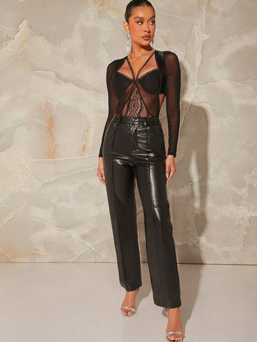 Lace Panel Mesh Sheer Strap Bodysuit