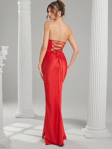 Lace Up Bustier Slit Hem Tube Satin Maxi Dress
