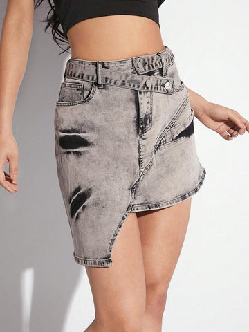Haute Ladies' Asymmetrical Hem Denim Skirt Summer Daily