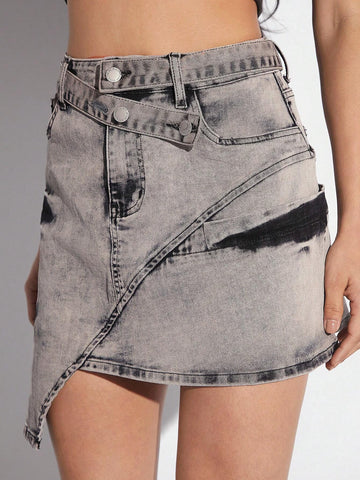Haute Ladies' Asymmetrical Hem Denim Skirt Summer Daily
