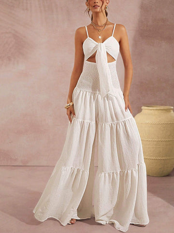 Ladies' Solid Color Hollow Out Spaghetti Strap Wide Leg Jumpsuit For Vacation