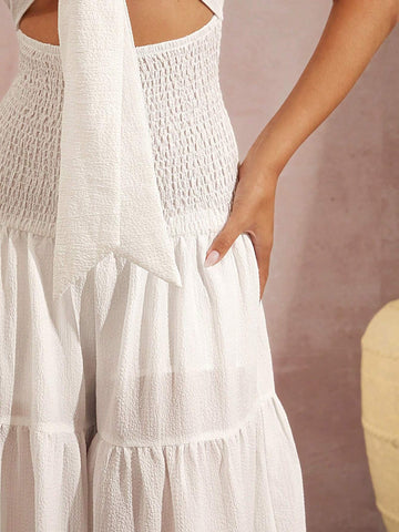 Ladies' Solid Color Hollow Out Spaghetti Strap Wide Leg Jumpsuit For Vacation