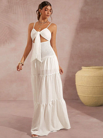Ladies' Solid Color Hollow Out Spaghetti Strap Wide Leg Jumpsuit For Vacation