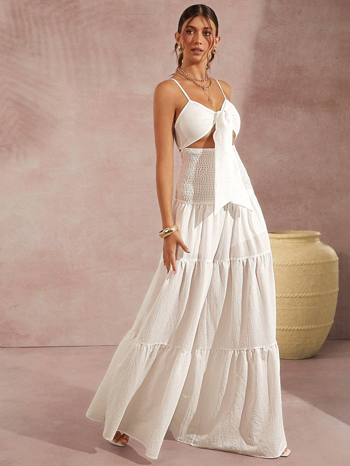 Ladies' Solid Color Hollow Out Spaghetti Strap Wide Leg Jumpsuit For Vacation