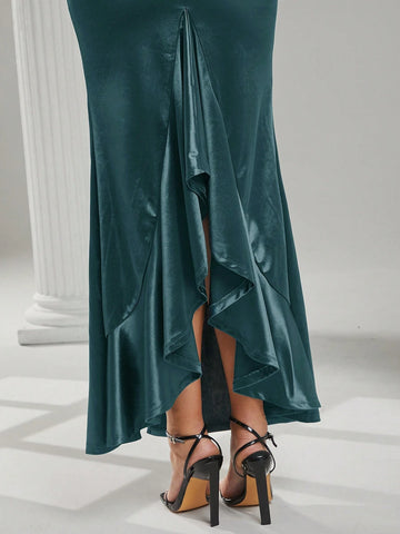 Low Neck Cut Out Satin Maxi Dress With Twist Details