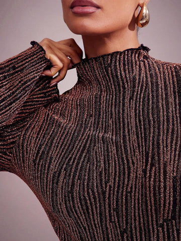 Metallic Knit Mock Neck Bell Sleeve Knotted Sash Dress, Holiday Party Dress