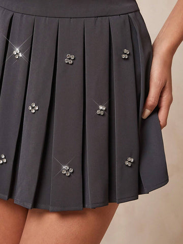 Haute Mini Pleated Skirt With Rhinestone Trim