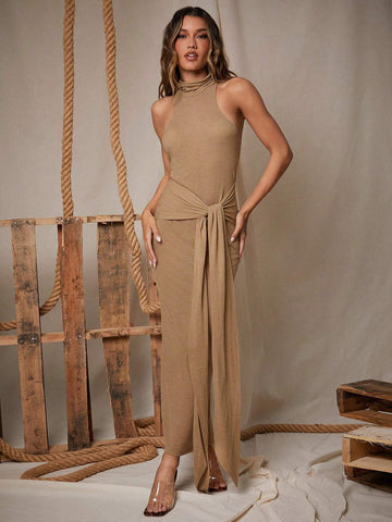 Mock Neck Front Sash Tank Maxi Dress
