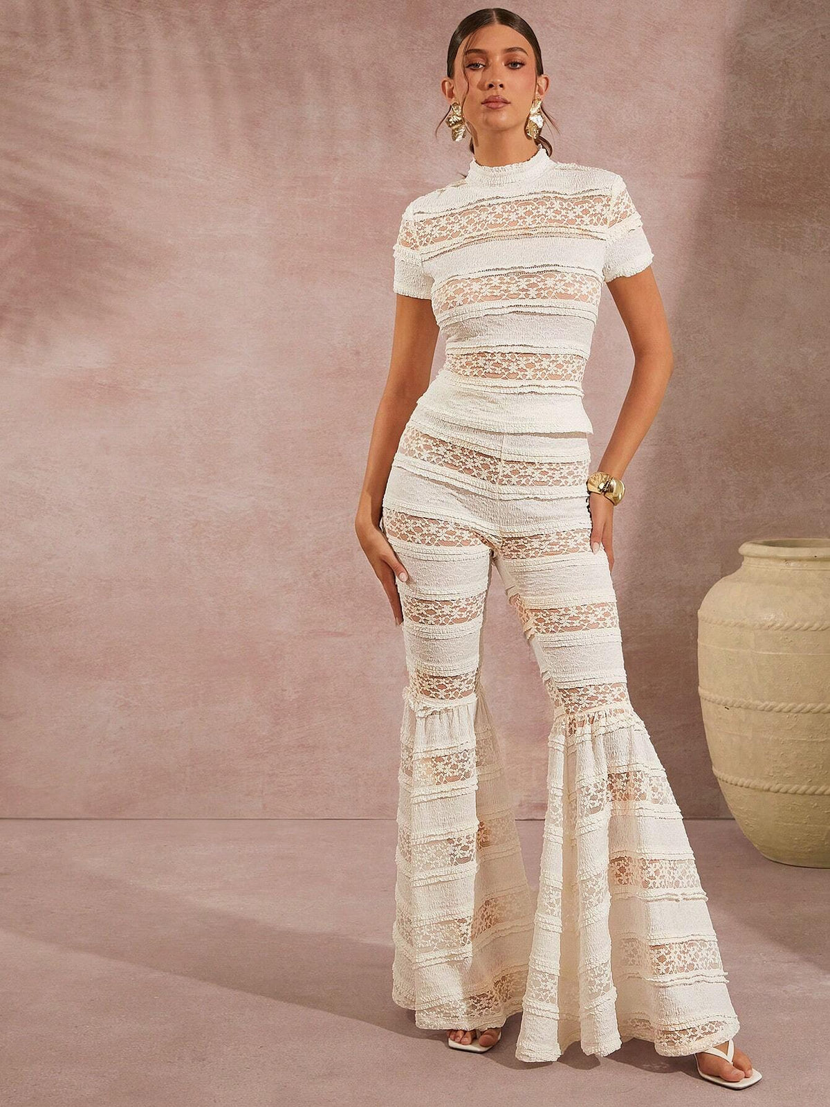 Mock Neck Lace Top & Flare Leg Pants Set