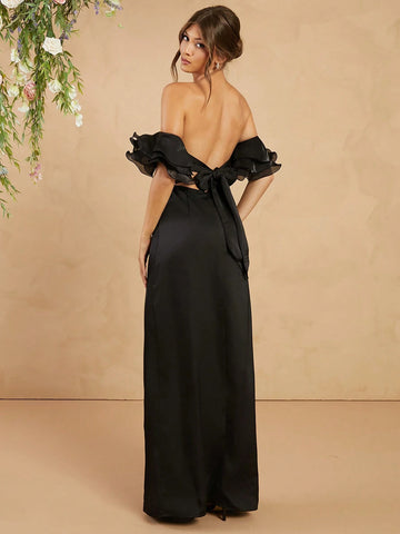 Off Shoulder Backless Maxi Dress With Ruffle Sleeves