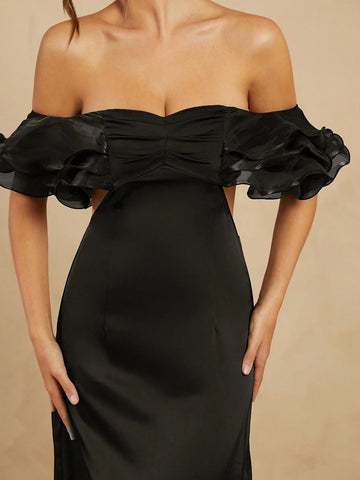 Off Shoulder Backless Maxi Dress With Ruffle Sleeves