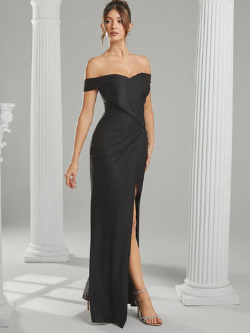 Off Shoulder Maxi Evening Dress With Slit