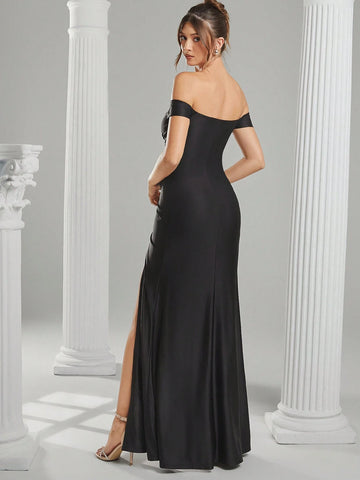 Off Shoulder Maxi Evening Dress With Slit