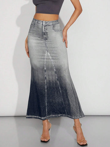 Haute Ombre Denim-Effect Print Maxi Skirt