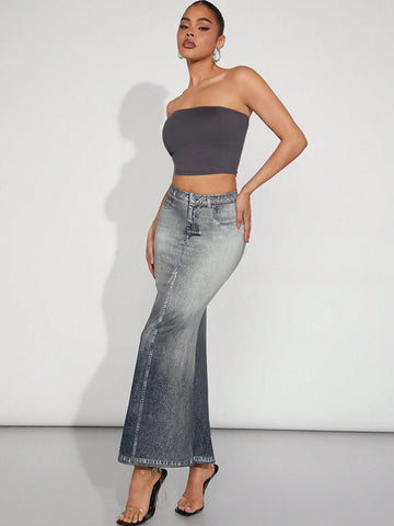Haute Ombre Denim-Effect Print Maxi Skirt