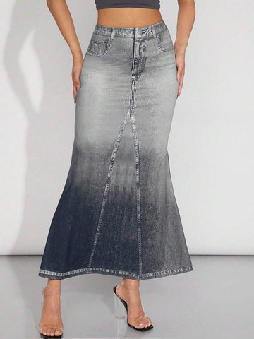 Haute Ombre Denim-Effect Print Maxi Skirt