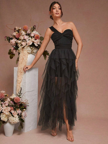 One Shoulder Pleated Bust Ruffle Tier Maxi Dress