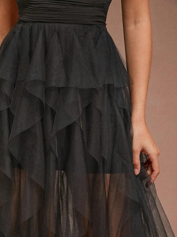 One Shoulder Pleated Bust Ruffle Tier Maxi Dress