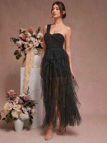 One Shoulder Pleated Bust Ruffle Tier Maxi Dress