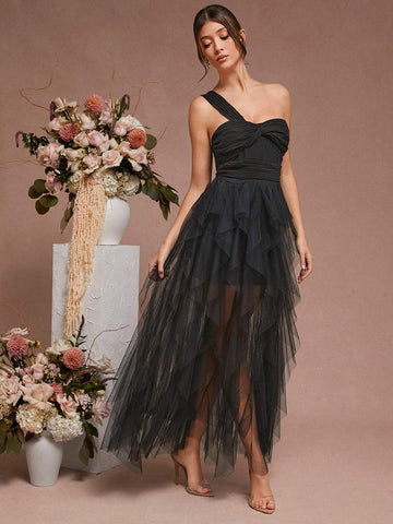 One Shoulder Pleated Bust Ruffle Tier Maxi Dress