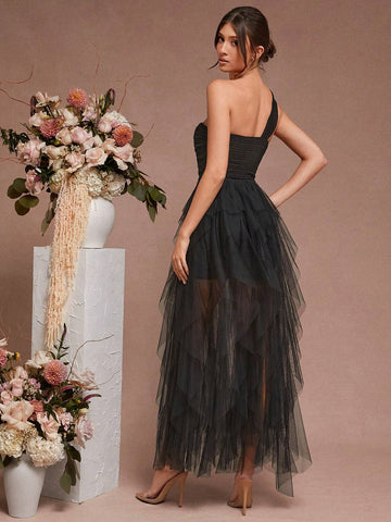 One Shoulder Pleated Bust Ruffle Tier Maxi Dress