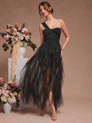 One Shoulder Pleated Bust Ruffle Tier Maxi Dress