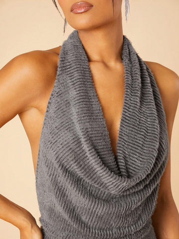 Open Back Fuzzy Rib Knit Cowl Neck Halter Mini Dress