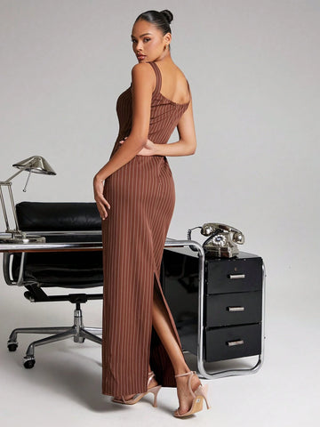 Pinstripe Maxi Sleeveless Dress With Padded Bust