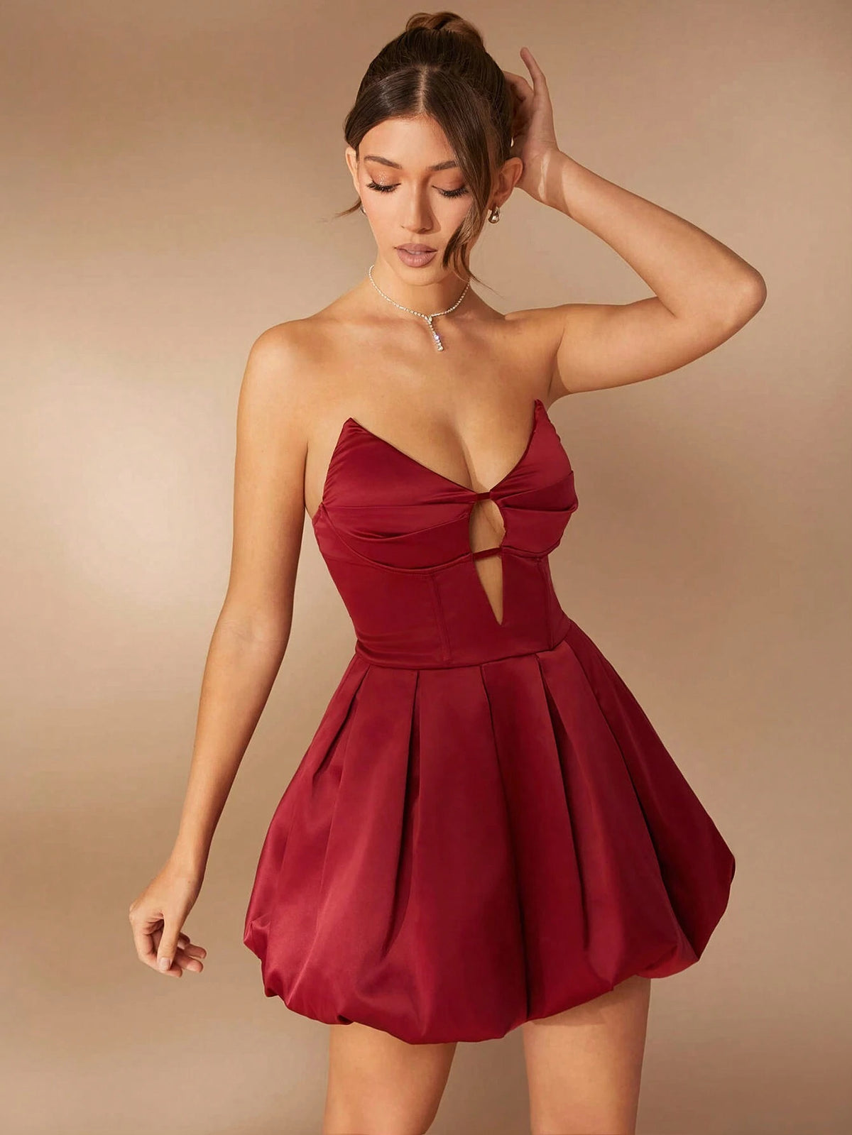 Pleated Bust Cut Out Bubble Hem Elegant Party Dress