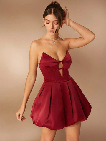 Pleated Bust Cut Out Bubble Hem Elegant Party Dress