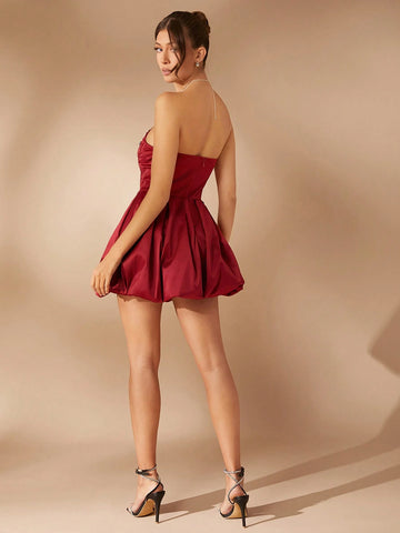 Pleated Bust Cut Out Bubble Hem Elegant Party Dress