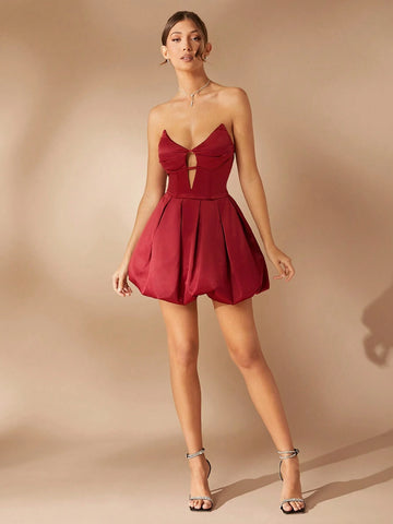 Pleated Bust Cut Out Bubble Hem Elegant Party Dress