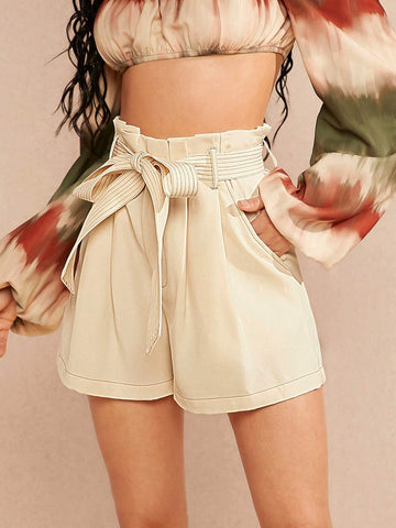 Haute Pleated Paperbag Waist Shorts With Belt