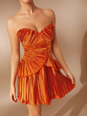 Pleated Satin Sleeveless Elegant Short Dress