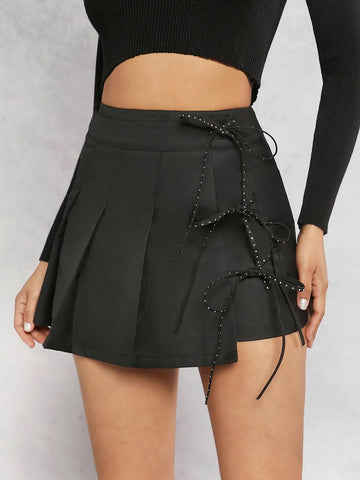 Haute Pleated Tie Side Rhinestone Skirt