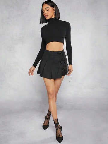 Haute Pleated Tie Side Rhinestone Skirt