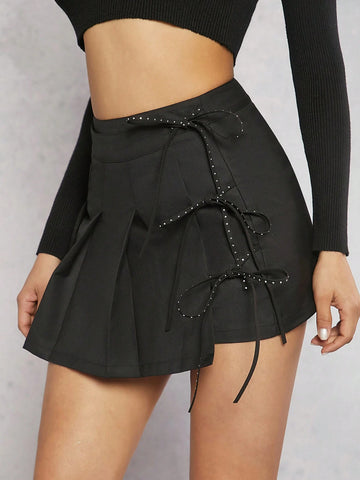 Haute Pleated Tie Side Rhinestone Skirt