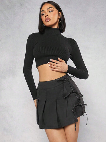 Haute Pleated Tie Side Rhinestone Skirt