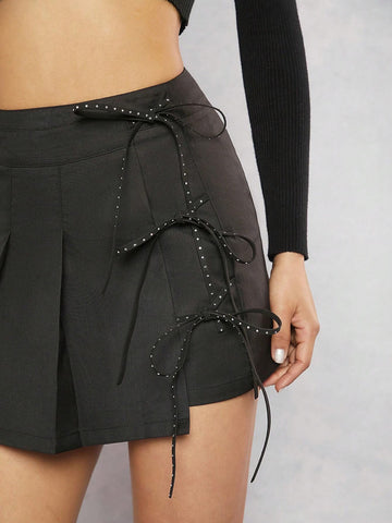 Haute Pleated Tie Side Rhinestone Skirt