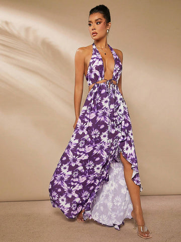 Print Cut Out Ruffle Split Dress
