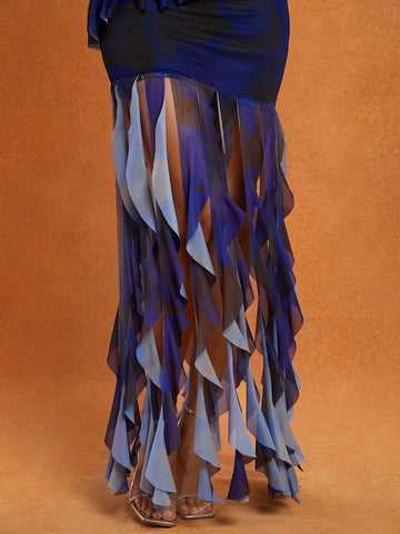 Printed Mesh Ruffle Fringe Hem Cami Dress