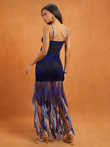 Printed Mesh Ruffle Fringe Hem Cami Dress