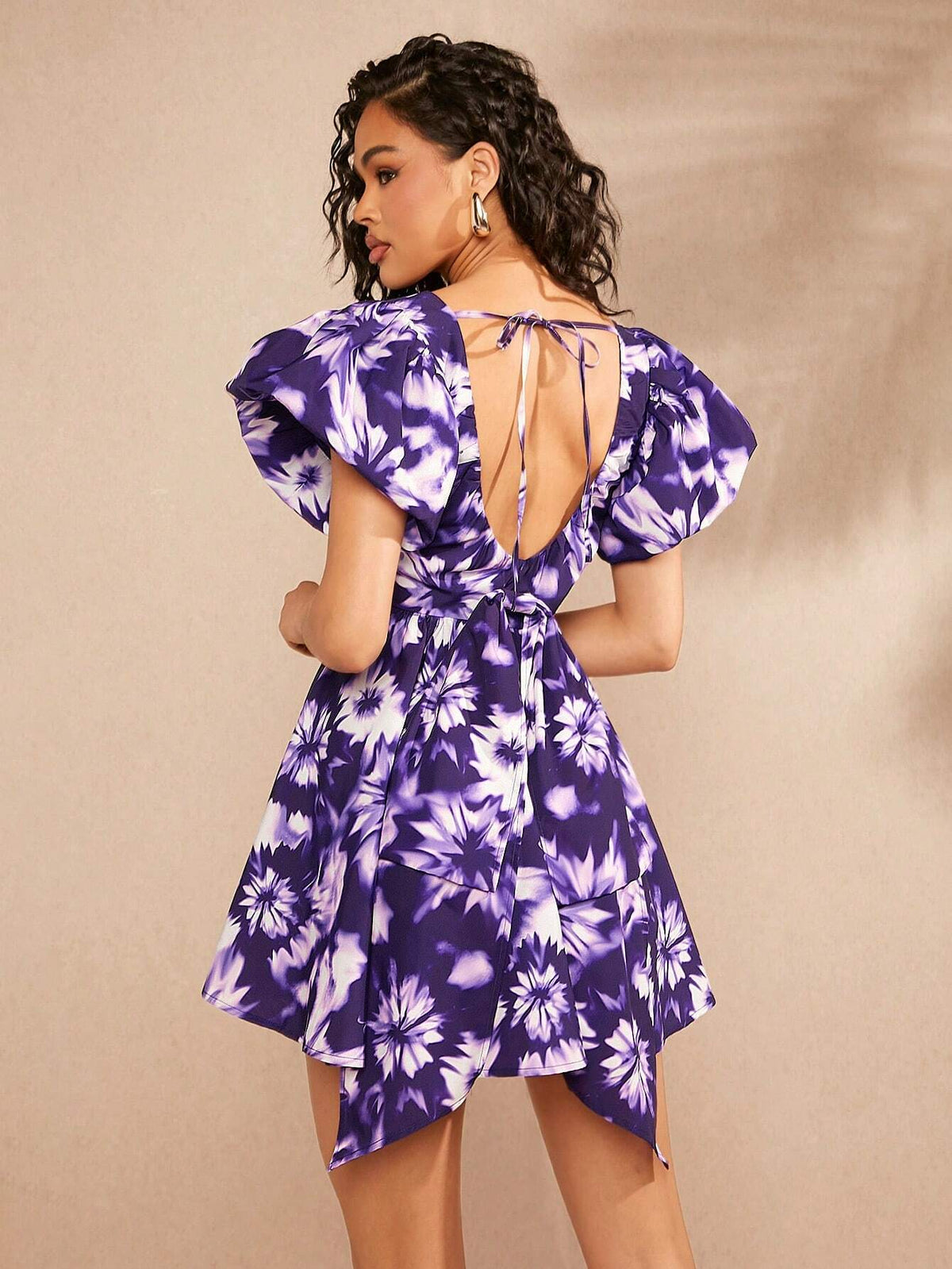 Puff Sleeve Bow Back Print Dress