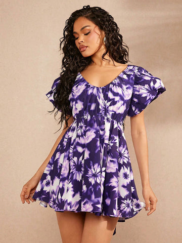 Puff Sleeve Bow Back Print Dress