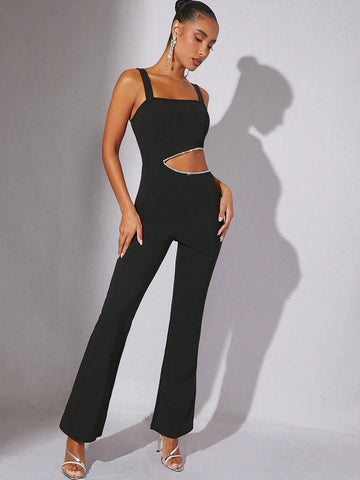 Rhinestone Cut Out Flare Leg Jumpsuit