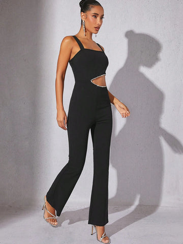 Rhinestone Cut Out Flare Leg Jumpsuit
