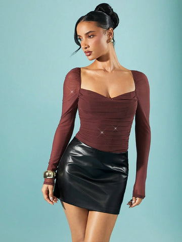 Rhinestone Mesh Long Sleeve Sweetheart Holiday Party Winter Body Suit