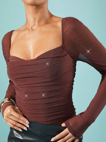 Rhinestone Mesh Long Sleeve Sweetheart Holiday Party Winter Body Suit