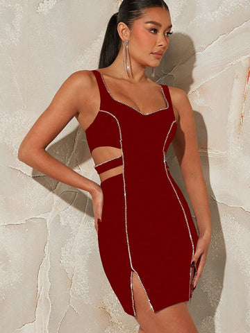 Rhinestone Trim Cut Out Split Dress