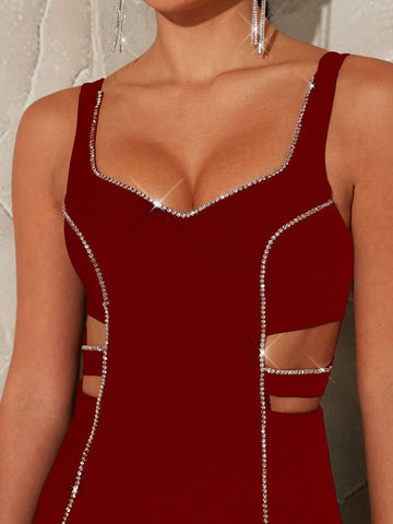 Rhinestone Trim Cut Out Split Dress